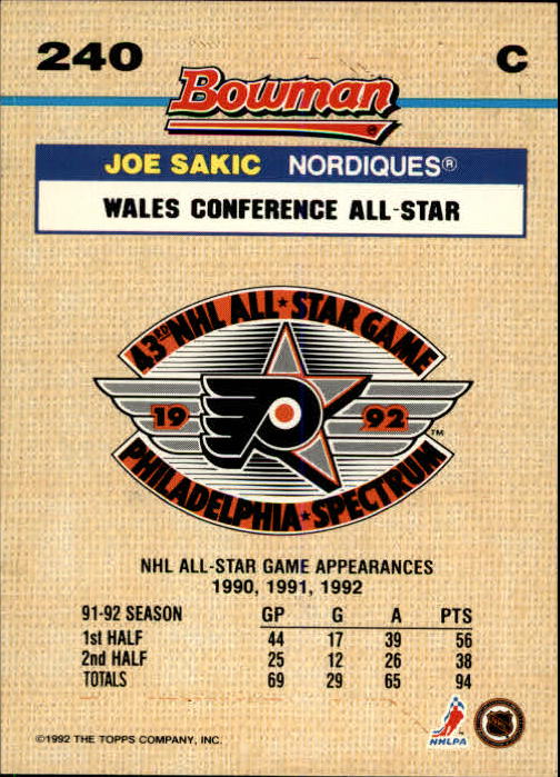1992-93 Bowman #240 Joe Sakic FOIL SP back image