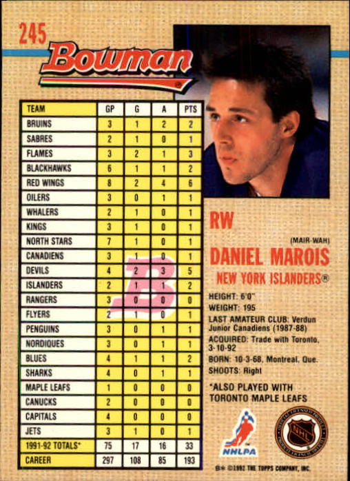 A8982- 1992-93 Bowman Hockey Karten 1-249 + Rookies -du Pick- 15 + Gratis US - Bild 397 von 407