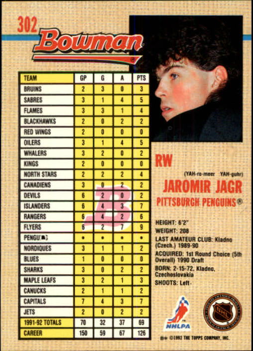 1992-93 Bowman #302 Jaromir Jagr back image