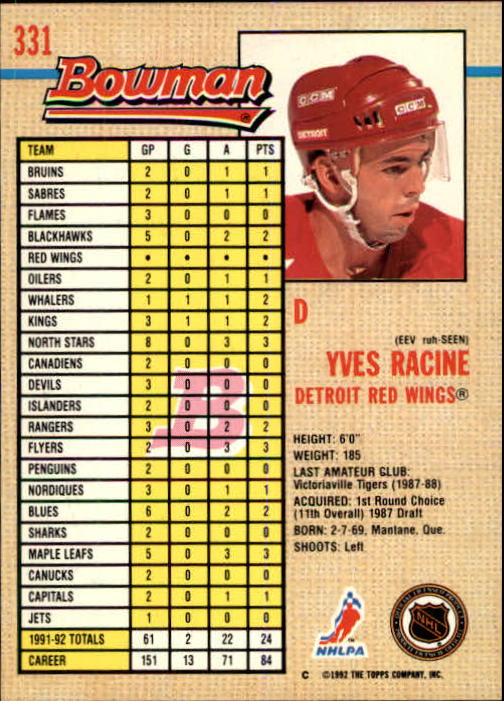 1992-93 Bowman #331 Yves Racine back image