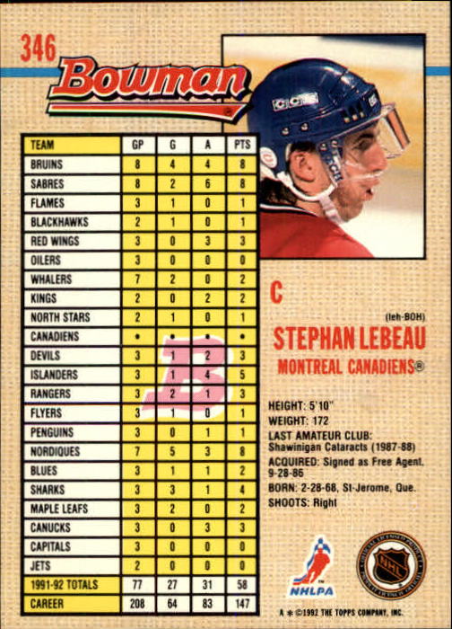 A8982- 1992-93 Bowman Hockey #s 250-442 +Rookies -You Pick- 15+ FREE US SHIP - Picture 189 of 373