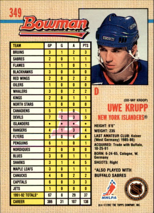 A8982- 1992-93 Bowman Hockey #s 250-442 +Rookies -You Pick- 15+ FREE US SHIP - Picture 195 of 373