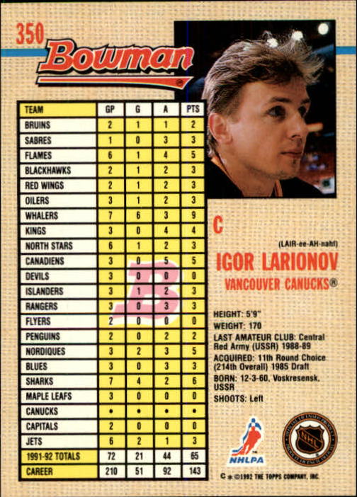 A8982- 1992-93 Bowman Hockey #s 250-442 +Rookies -You Pick- 15+ FREE US SHIP - Picture 197 of 373