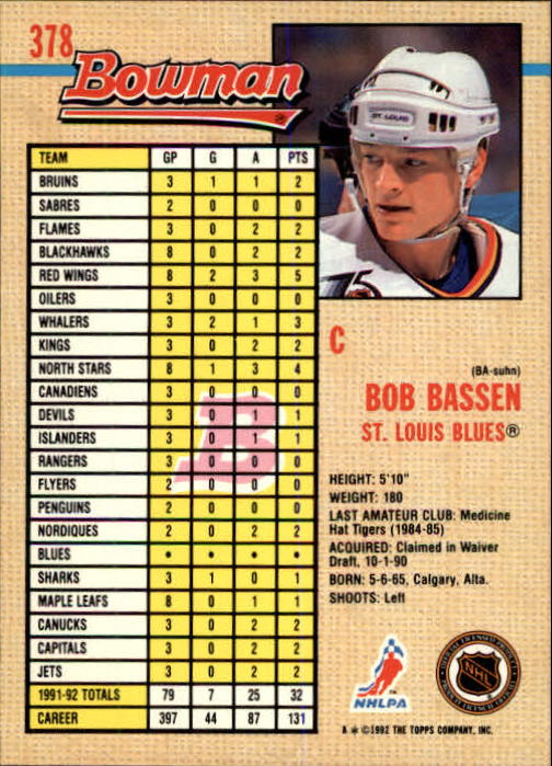 A8982- 1992-93 Bowman Hockey #s 250-442 +Rookies -You Pick- 15+ FREE US SHIP - Picture 253 of 373
