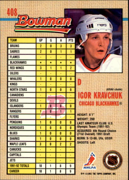 1992-93 Bowman #408 Igor Kravchuk back image