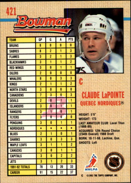 A8982- 1992-93 Bowman Hockey #s 250-442 +Rookies -You Pick- 15+ FREE US SHIP - Picture 331 of 373