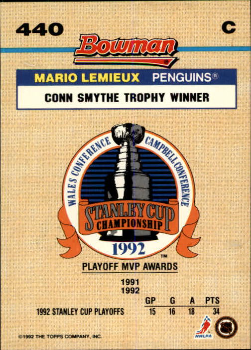 1992-93 Bowman #440 Mario Lemieux Smythe FOIL back image