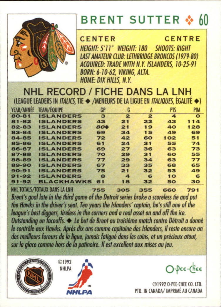 1992-93 O-Pee-Chee #60 Brent Sutter back image