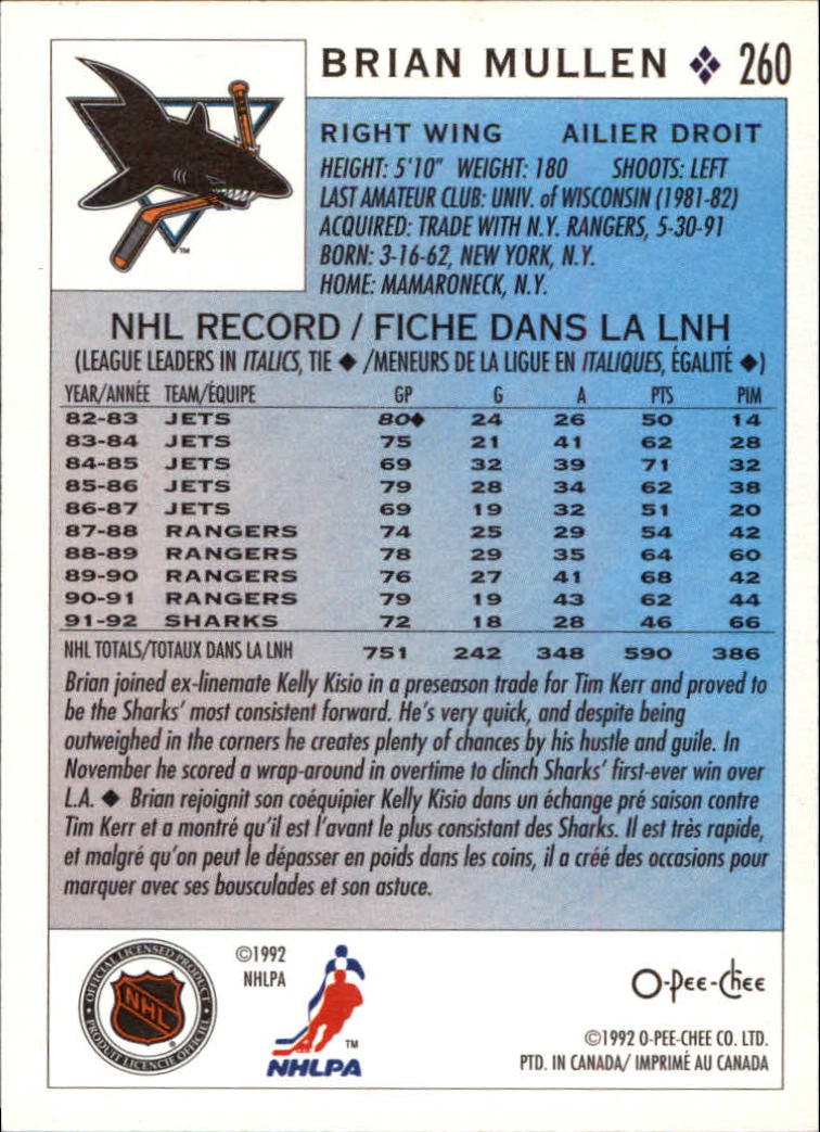 1992-93 O-Pee-Chee #260 Brian Mullen back image