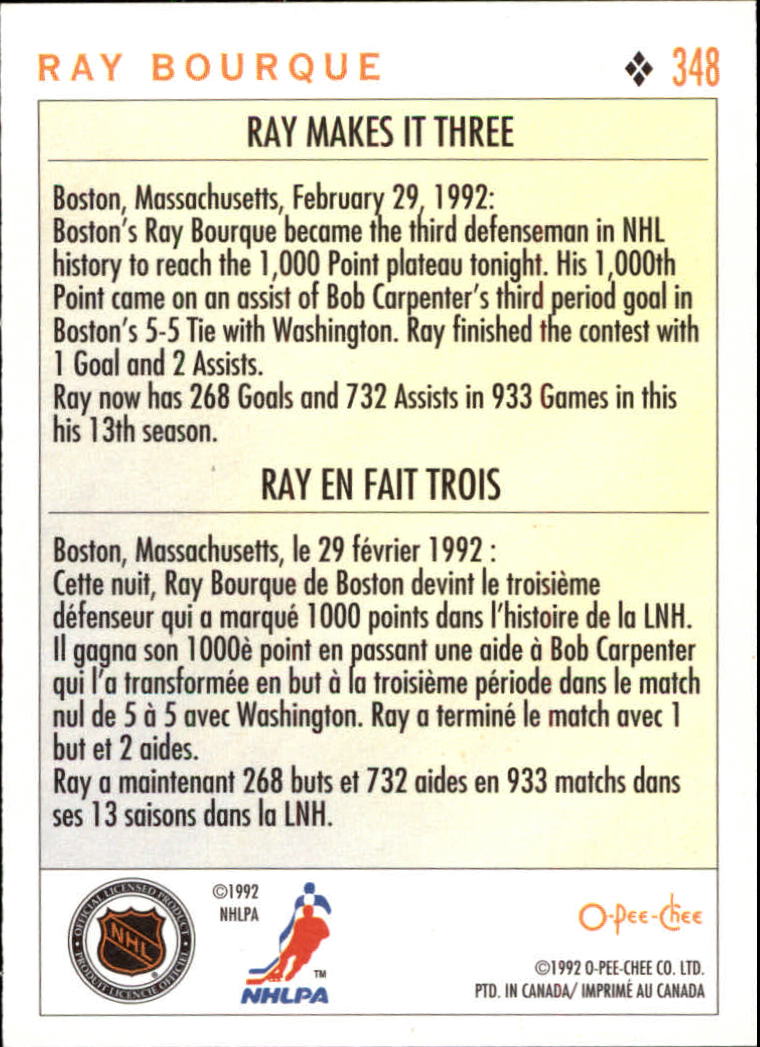 1992-93 O-Pee-Chee #348 Ray Bourque HL back image