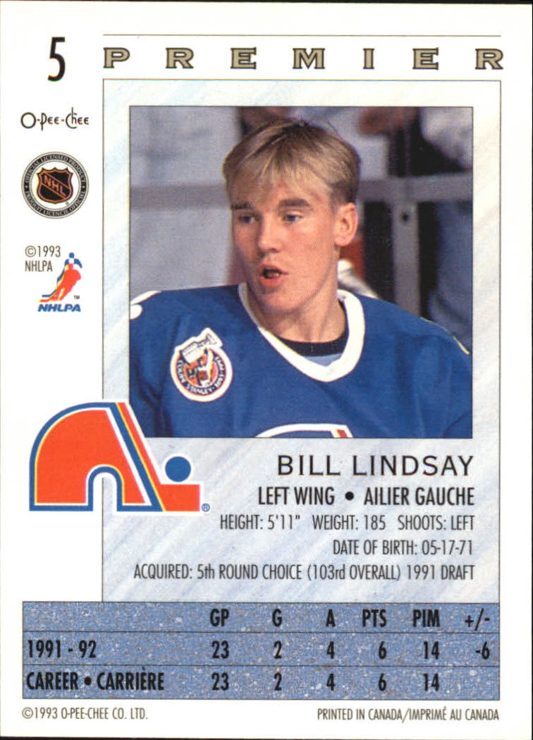 1992-93 OPC Premier #5 Bill Lindsay RC back image