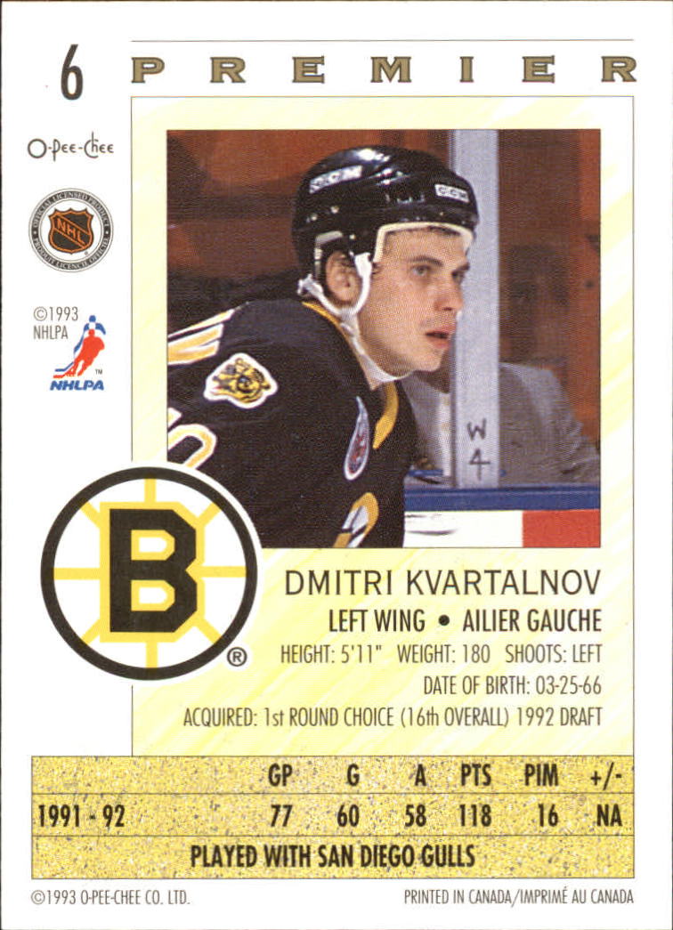 1992-93 OPC Premier #6 Dmitri Kvartalnov RC back image