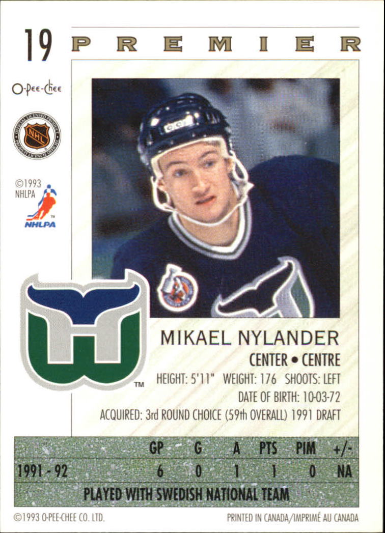 1992-93 OPC Premier #19 Michael Nylander RC back image
