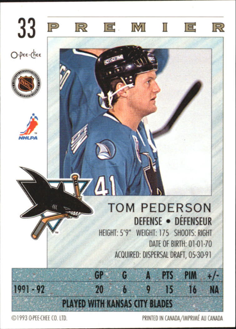 1992-93 OPC Premier #33 Tom Pederson RC back image
