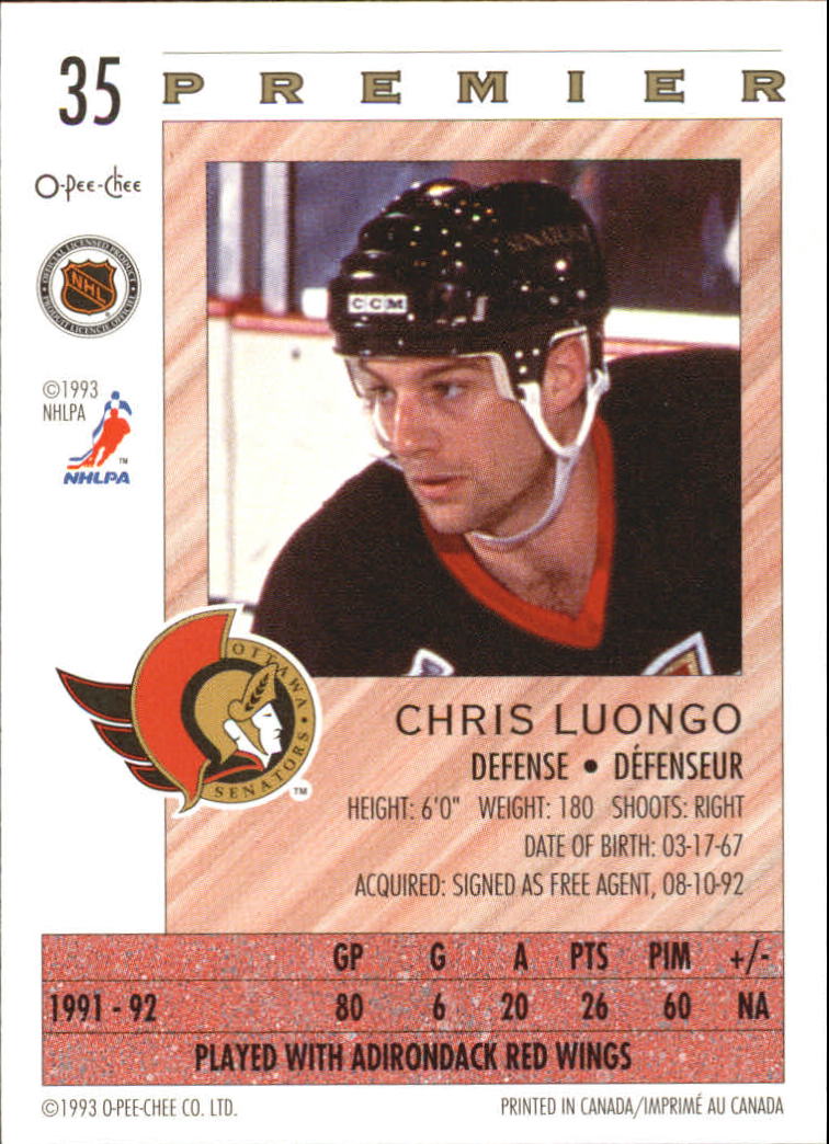 1992-93 OPC Premier #35 Chris Luongo RC back image