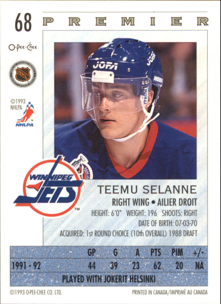 1992-93 OPC Premier #68 Teemu Selanne back image