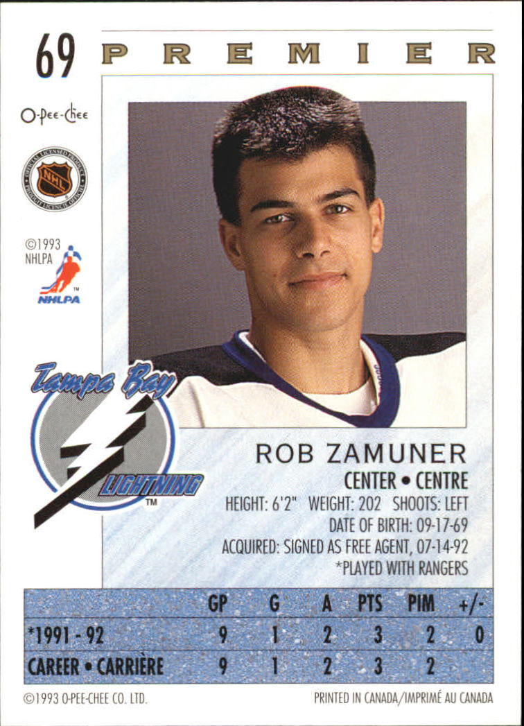 1992-93 OPC Premier #69 Rob Zamuner RC back image