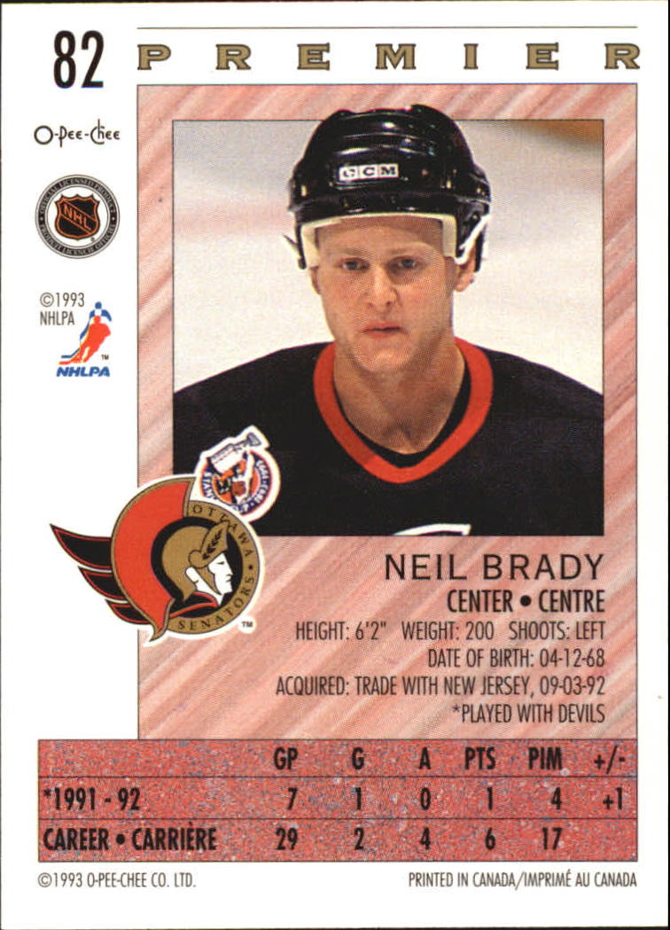 1992-93 OPC Premier #82 Neil Brady back image