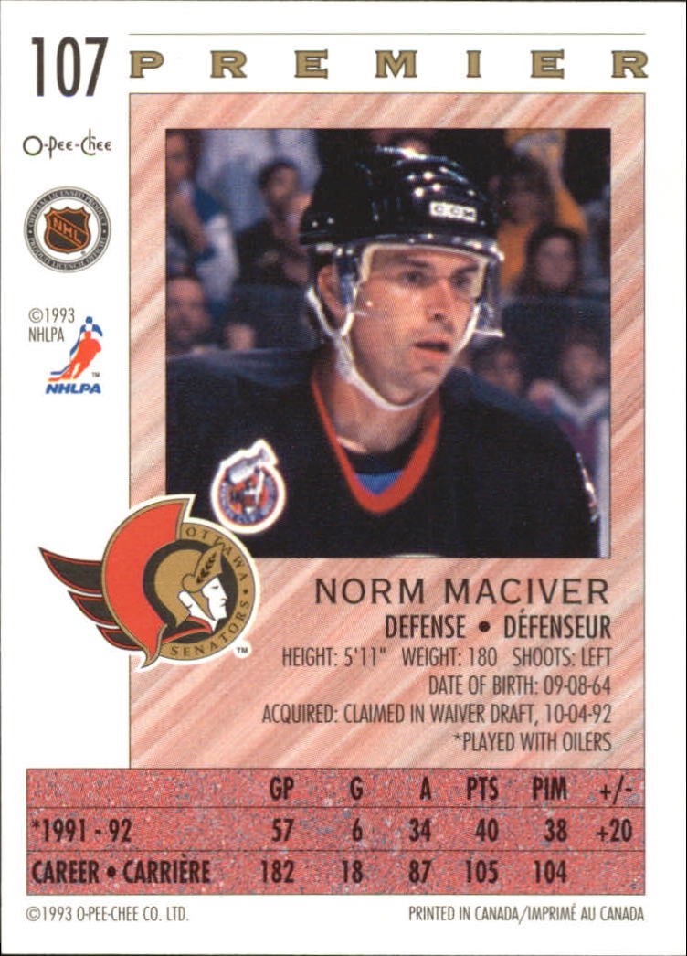1992-93 OPC Premier #107 Norm Maciver back image