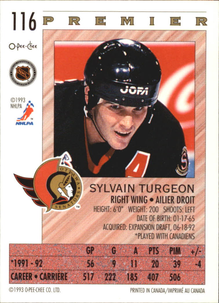 1992-93 OPC Premier #116 Sylvain Turgeon back image