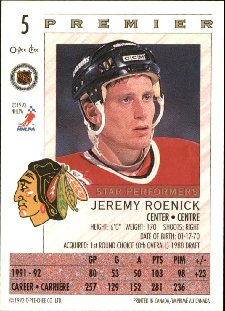 1992-93 OPC Premier Star Performers #5 Jeremy Roenick back image