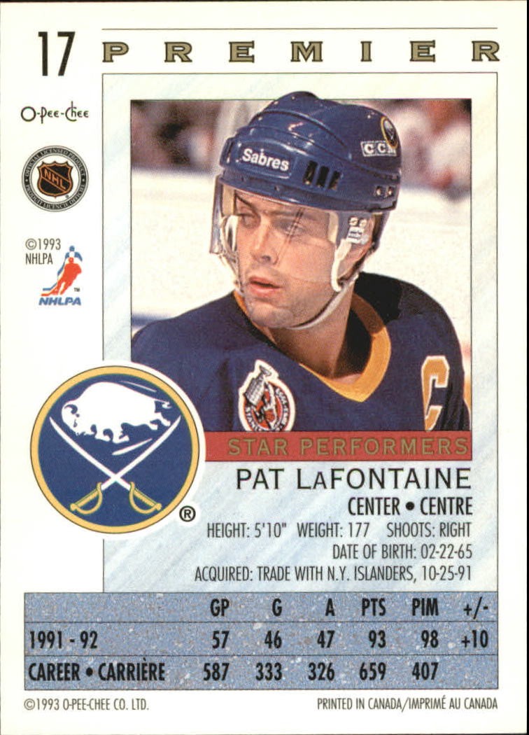 1992-93 OPC Premier Star Performers #17 Pat LaFontaine back image