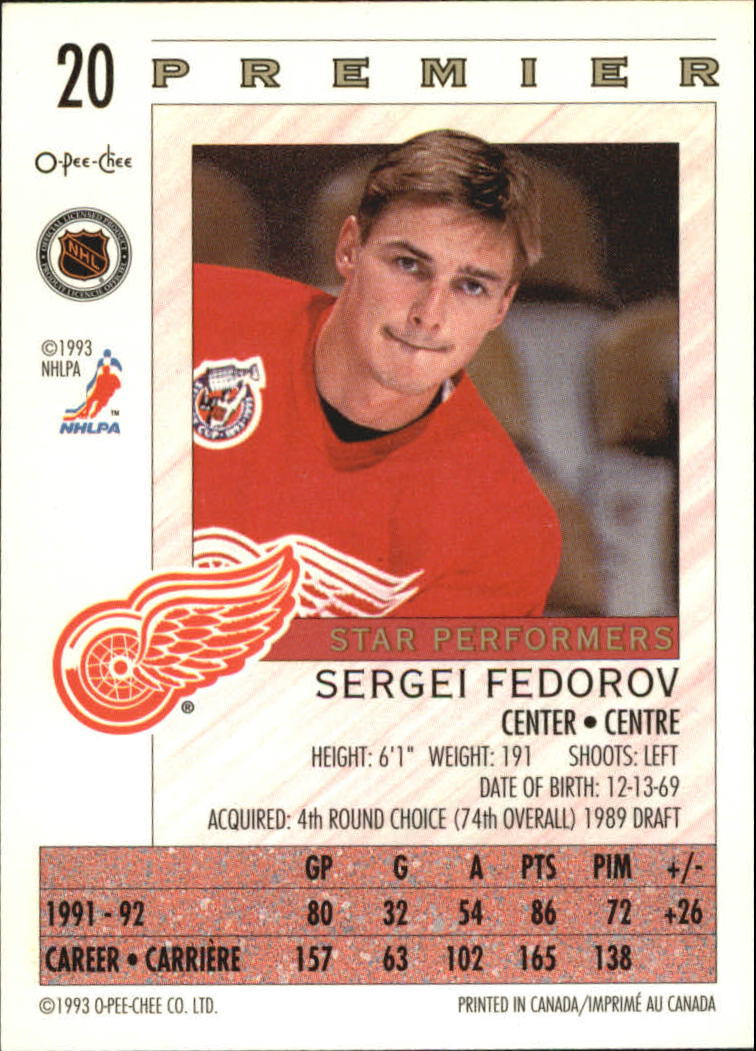 1992-93 OPC Premier Star Performers #20 Sergei Fedorov back image