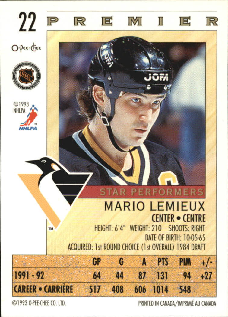 1992-93 OPC Premier Star Performers #22 Mario Lemieux back image