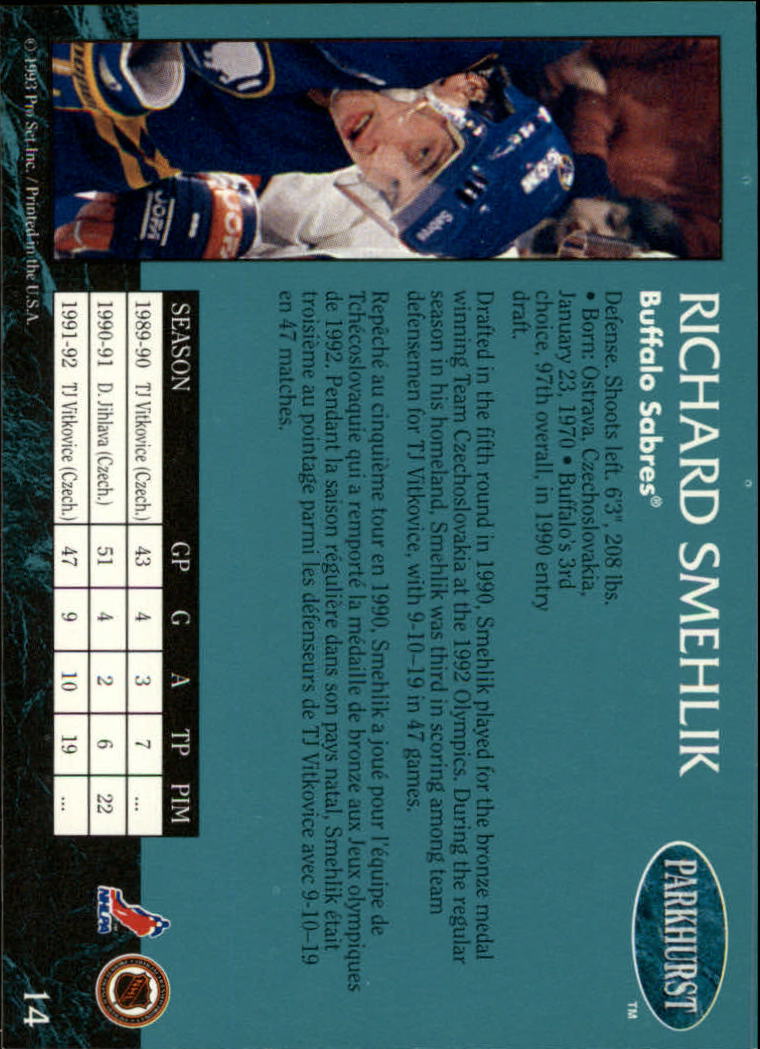 1992-93 Parkhurst #14 Richard Smehlik RC back image