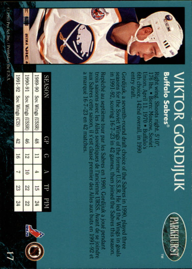 1992-93 Parkhurst #17 Viktor Gordijuk RC back image