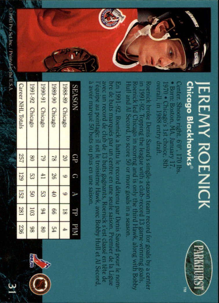 1992-93 Parkhurst #31 Jeremy Roenick back image