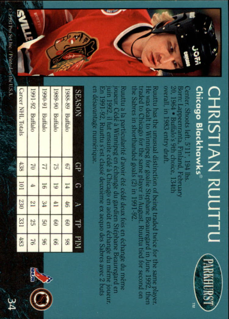 1992-93 Parkhurst #34 Christian Ruuttu back image