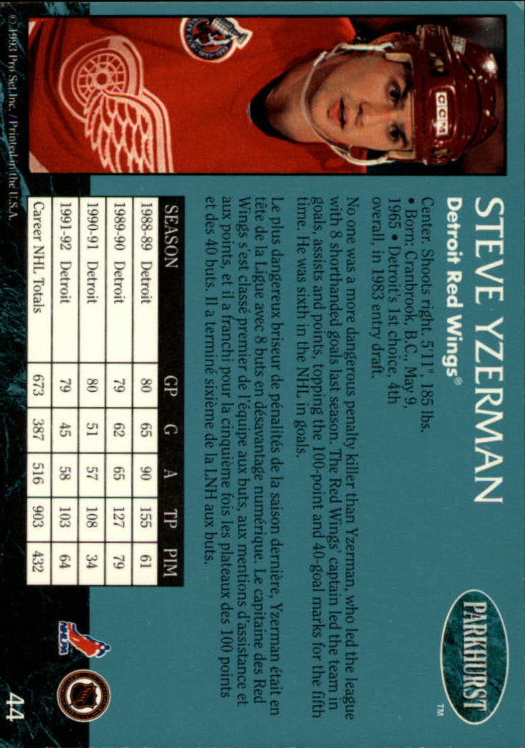 1992-93 Parkhurst #44 Steve Yzerman back image