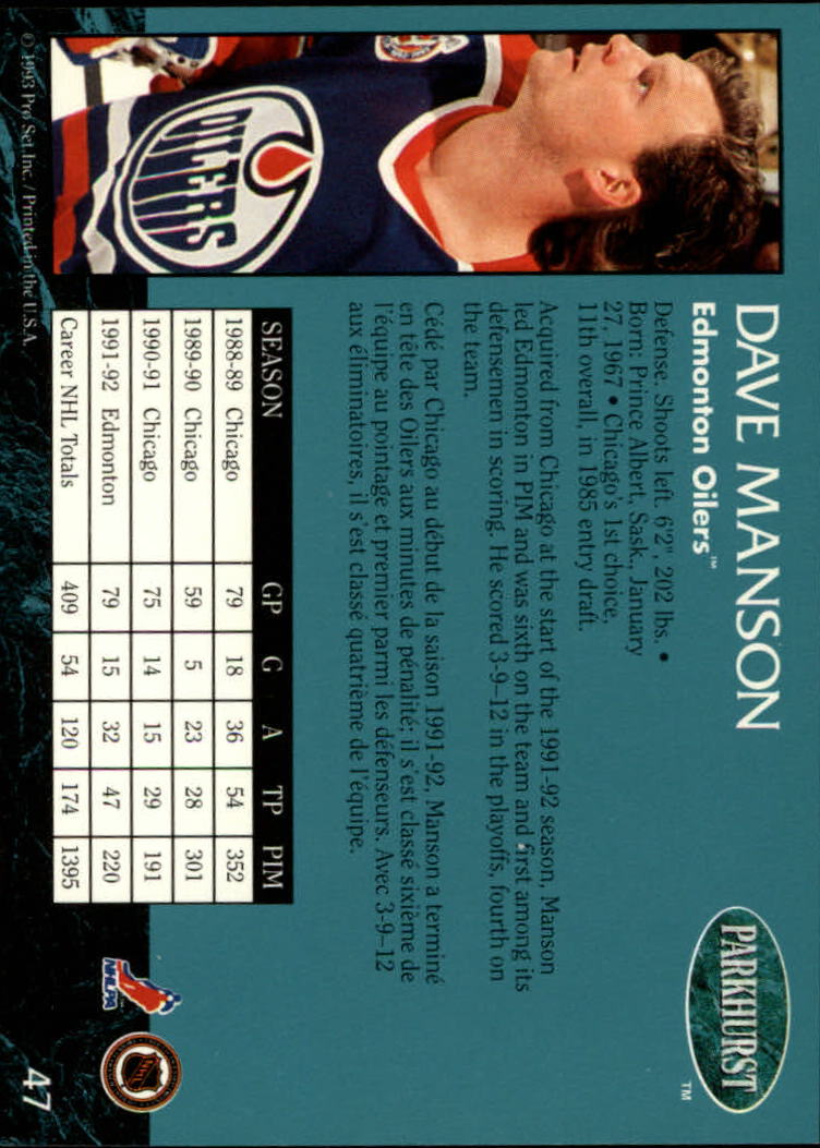 1992-93 Parkhurst #47 Dave Manson back image