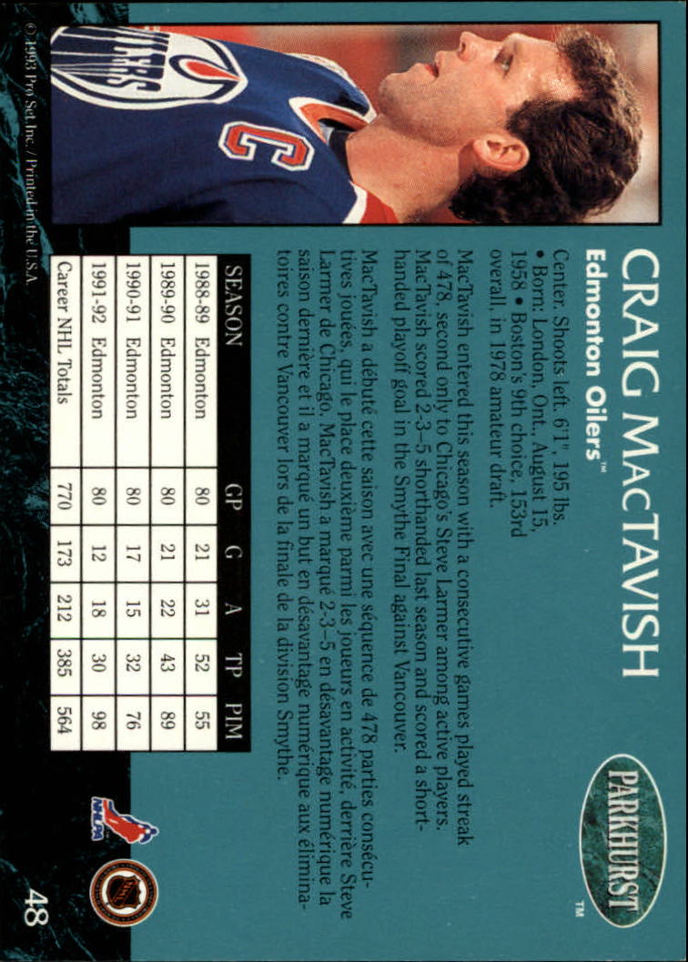 1992-93 Parkhurst #48 Craig MacTavish back image