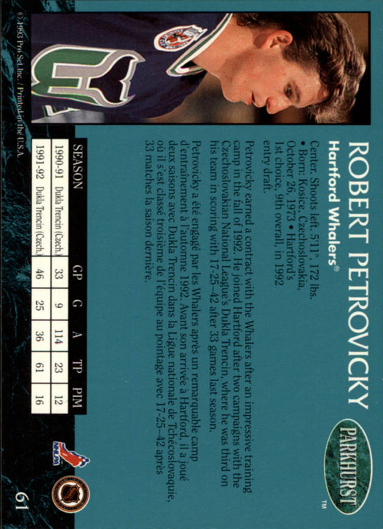 1992-93 Parkhurst #61 Robert Petrovicky RC back image
