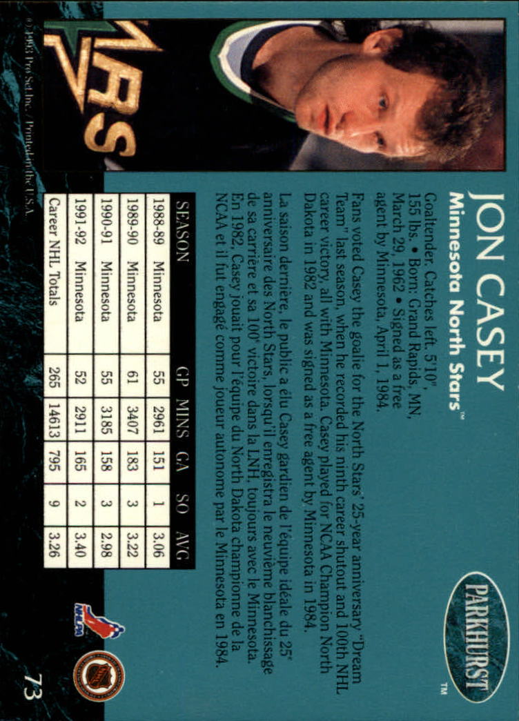 1992-93 Parkhurst #73 Jon Casey back image