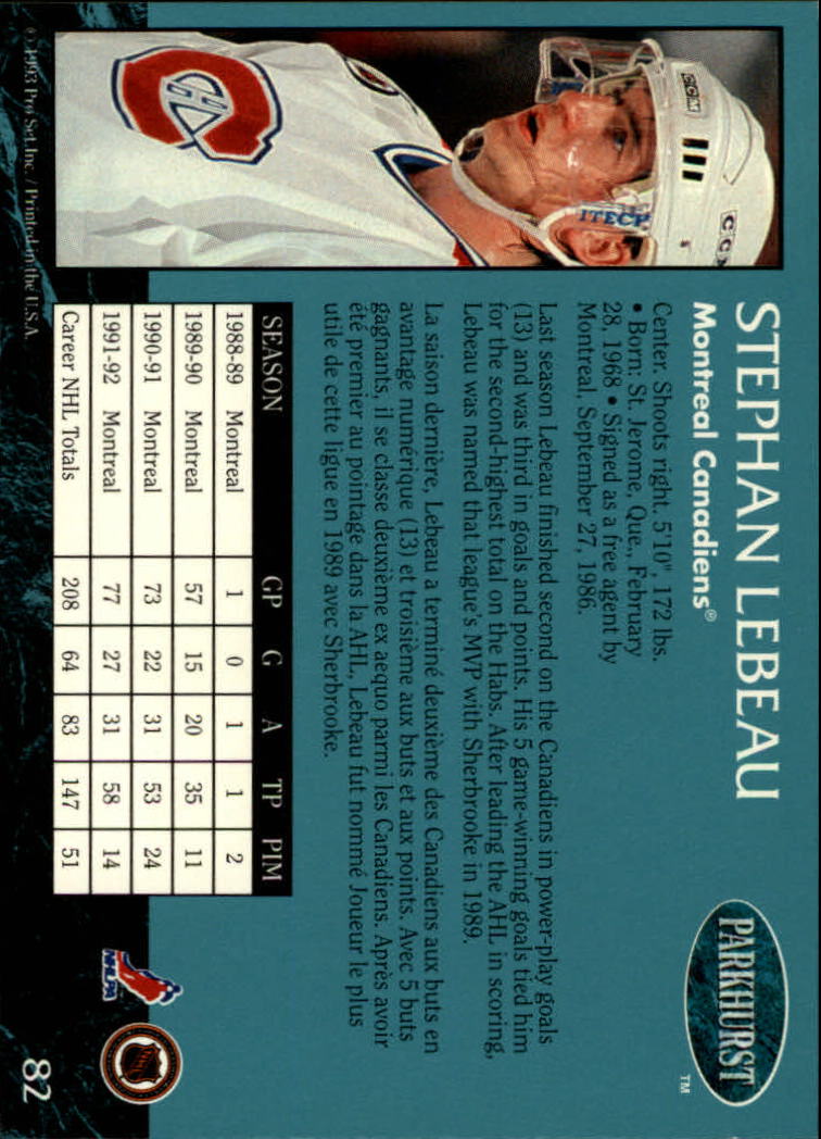 1992-93 Parkhurst #82 Stephan Lebeau back image
