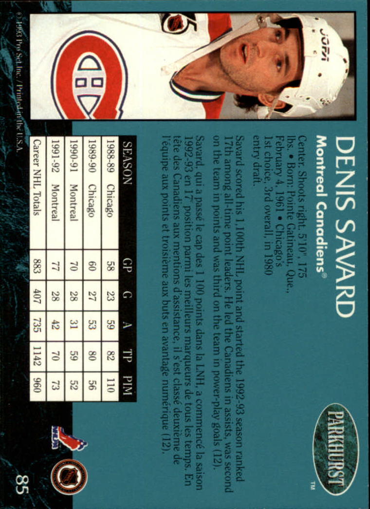 1992-93 Parkhurst #85 Denis Savard back image