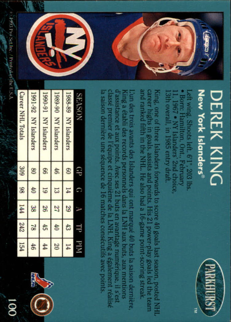 1992-93 Parkhurst #100 Derek King back image