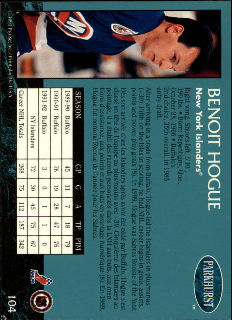 1992-93 Parkhurst #104 Benoit Hogue back image