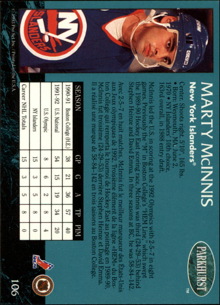 1992-93 Parkhurst #106 Marty McInnis back image