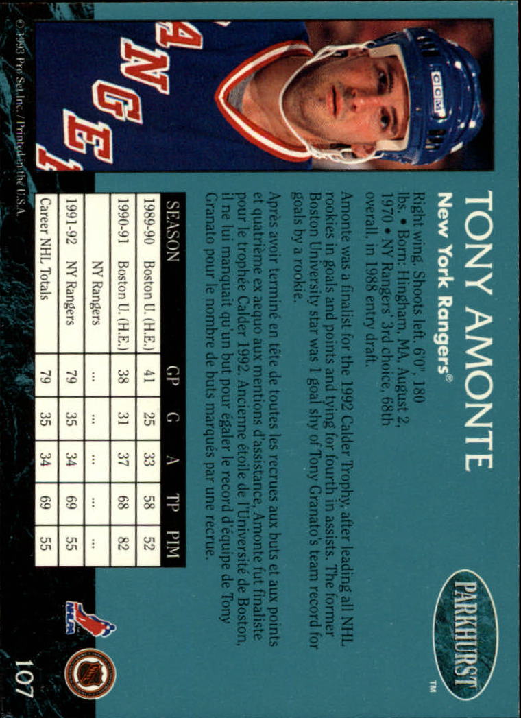 1992-93 Parkhurst #107 Tony Amonte back image
