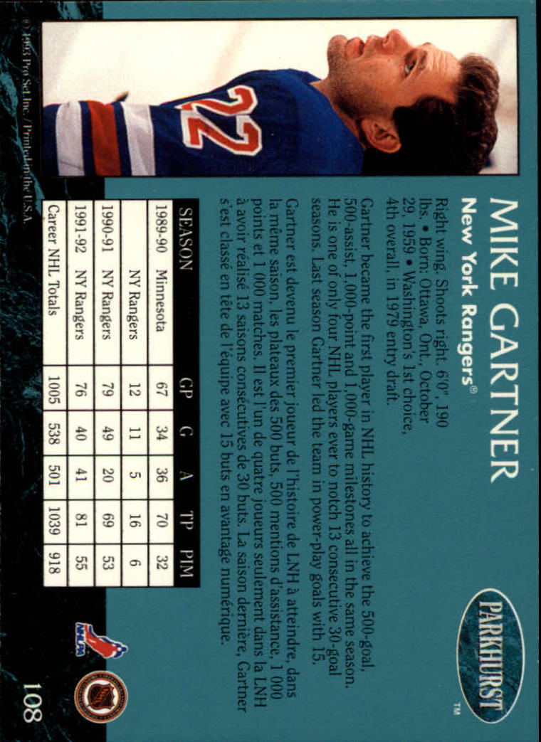 1992-93 Parkhurst #108 Mike Gartner back image
