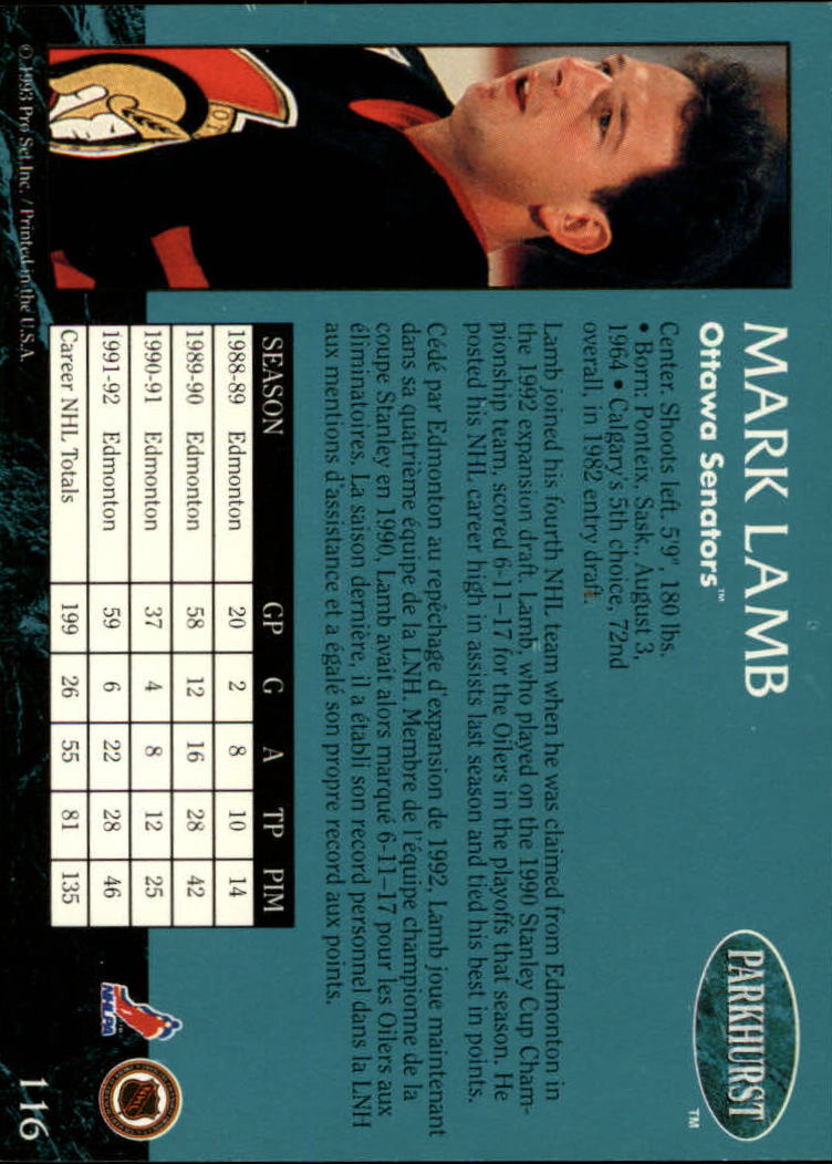 1992-93 Parkhurst #116 Mark Lamb back image