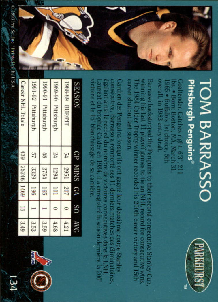 1992-93 Parkhurst #134 Tom Barrasso back image