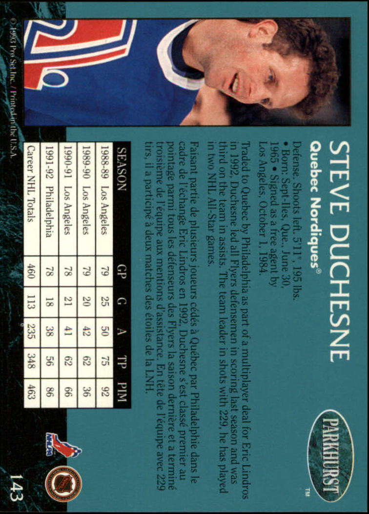 1992-93 Parkhurst #143 Steve Duchesne back image