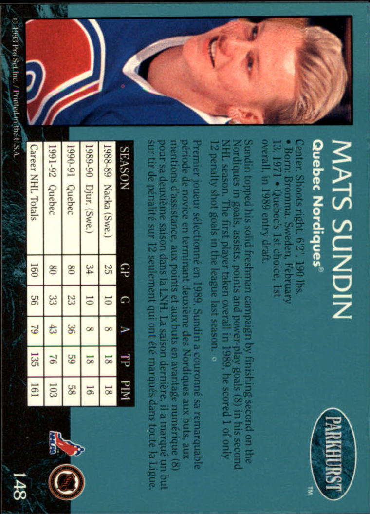 1992-93 Parkhurst #148 Mats Sundin back image