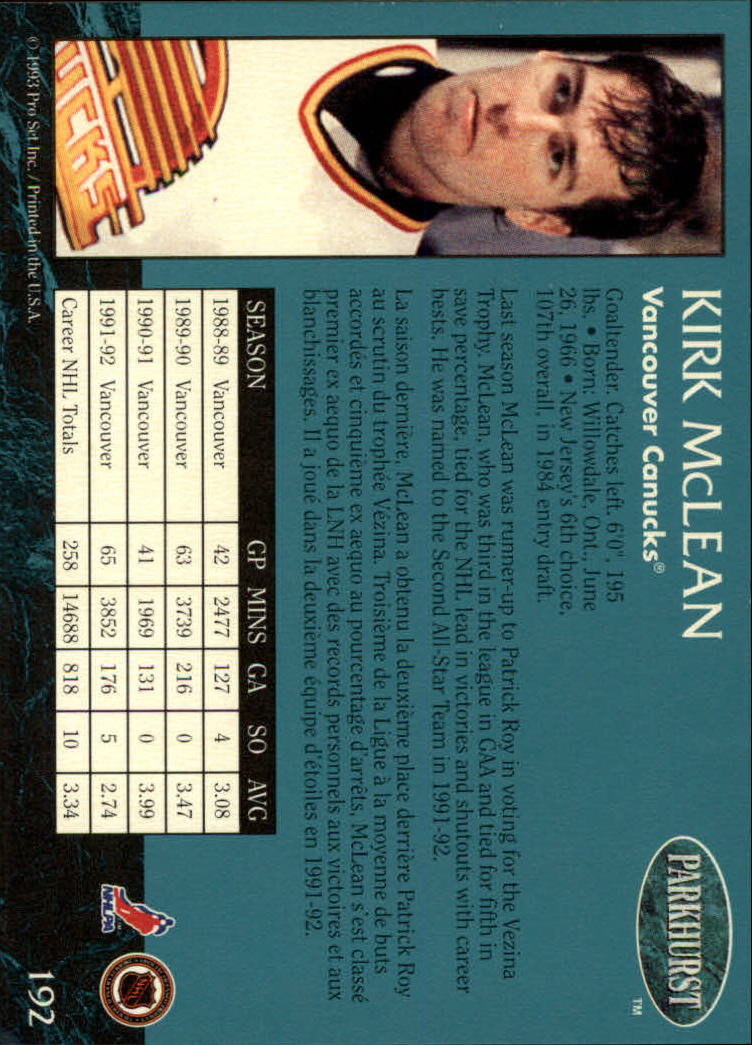 1992-93 Parkhurst #192 Kirk McLean back image