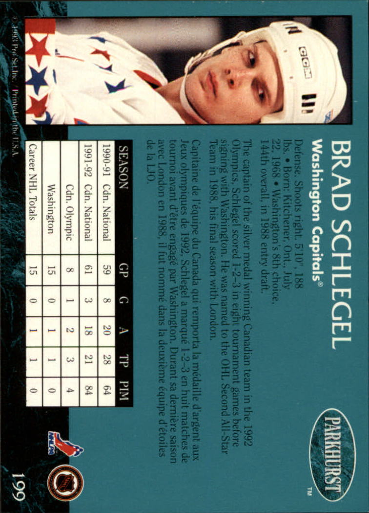 1992-93 Parkhurst #199 Brad Schlegel back image